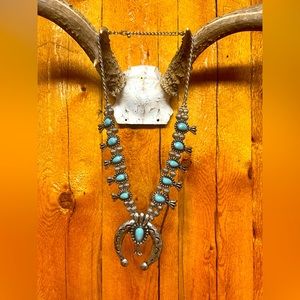 Simulated Turquoise Vintage Squash Blossom Metal Statement Necklace